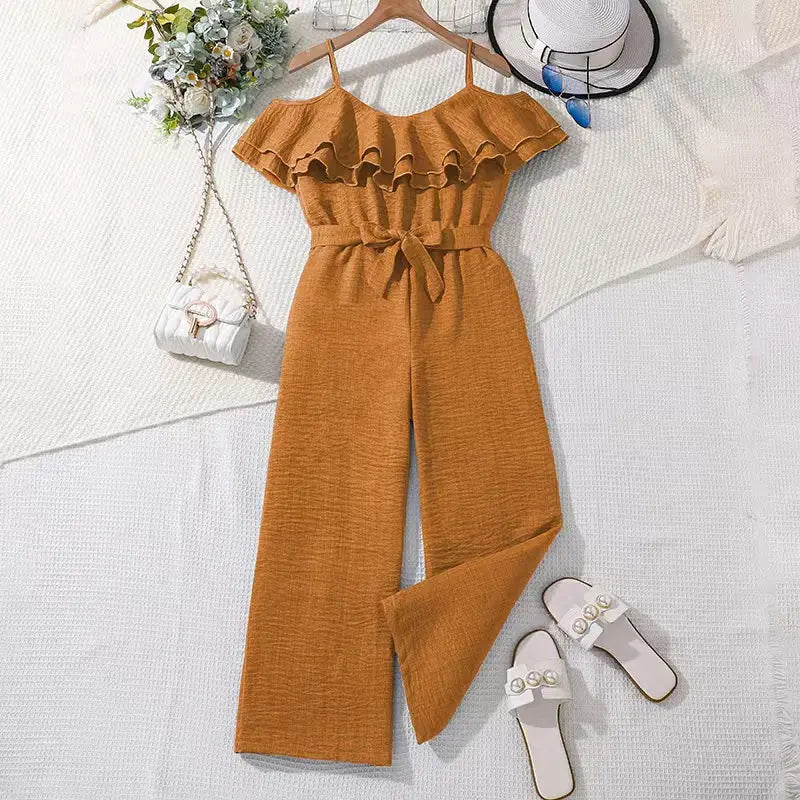 Girls Belted Ruffle Jumpsuit